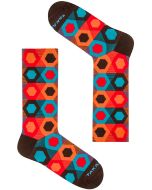 TakaPara Men's Funky Colourful Hexagonal Patterned Socks in Orange, Red and Bwown