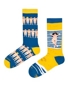 Funky Mismatched Design Yellow & Blue Socks - Nudists on the Beach