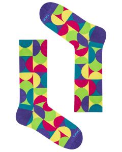 TAKAPARA colourful socks with a pattern of light green, red, violet, and yellow rounded half-circle shapes