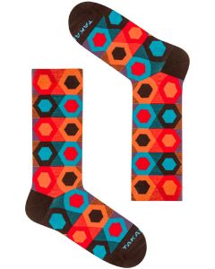 TakaPara Men's Funky Colourful Hexagonal Patterned Socks in Orange, Red and Bwown